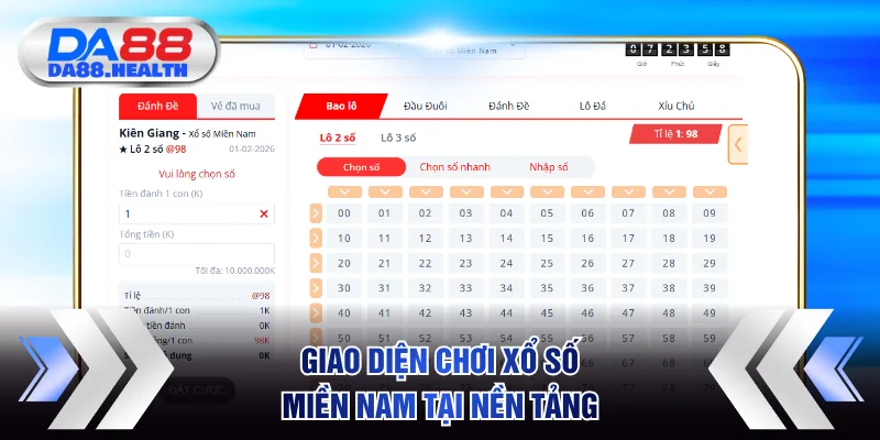 Giao diện chơi xổ số miền Nam tại nền tảng